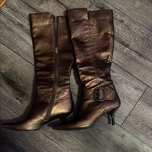 Gold Nine West Leather Knee-High Boots